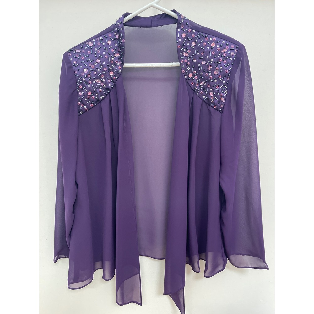 Purple Sheer Chiffon Beaded Shoulder Open Front Bolero Shrug Jacket Evening Wear